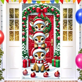 BlissYard Christmas Reindeer Door Banner Cover 35x71 Inch Cute Cartoon Deer Red Door Holiday Decoration Kids Xmas Porch Welcome Sign Winter Party Photo Backdrop Indoor Outdoor Use