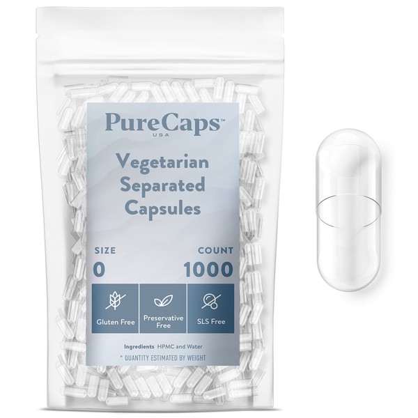 PureCaps USA - Empty Clear Vegetarian and Vegan Pill Capsules Size 0, 1,000 Empty Separated Vegetarian Pills, Non-GMO Certified, Kosher, Gluten Free and Halal Certified, Preservative Free