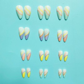 Wedity 24 Pieces Pointed Nail Stickers French Rainbow Line Small Flower Fake Nail Stickers Press Fake Nails Artificial Nails for Women Girls (A)