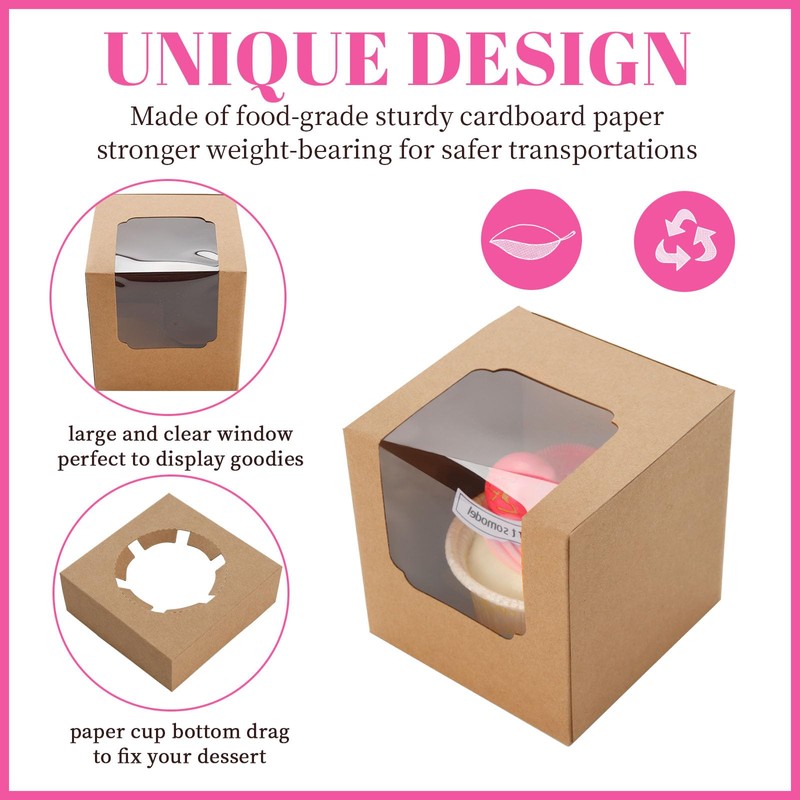 NPLUX 50 Pcs Cupcake Boxes Individual Cupcake Containers Pre-Assembled Single