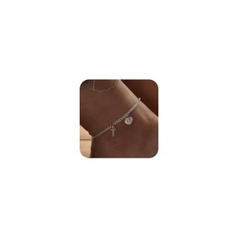 Feskive Initial Ankle Bracelets for Women Silver Plated Dainty Cuba Thin Chain Letter Name Anklets Cubic Zirconia Heart Anklets Bracelets Waterproof Minimalist Simple Anklets Fashion Summer Jewelry Anklet For Women