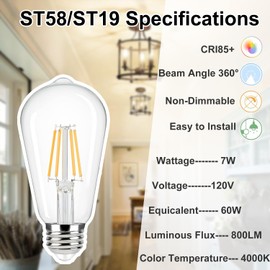 ST58 Vintage LED Edison Bulbs 7W(Equal 60W), Vinaco ST58 4000K Natural White High Output 800LM ST19 E26 LED Bulb 120V No-Flicker, Non-Dimmable ST58 Clear Filament Long Lifetime For Home Lighting, 6PCS