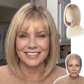 Bob Wig for White Women, 12 Inch Dark Rooted Beige Blonde Short Wig, Glueless Synthetic Wig with Soft Layers for Older Women Everyday Wear Style