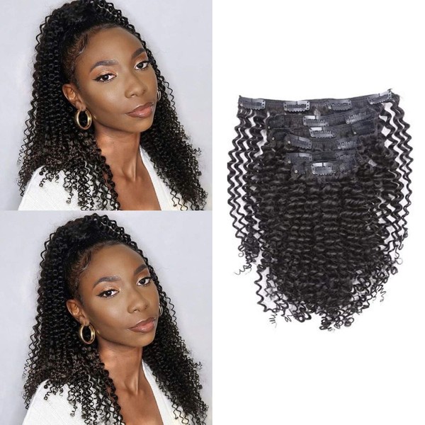 Loxxy Kinky Curly Clip in Human Hair Extensions 3B 3C Kinky Clip ins For Black Women Nutural Color 8A Double Wefts Real Remy Balayage Hair Extension,120G,16 Inch