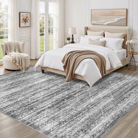 9x12 Area Rug Living Room: Washable Neutral Vintage Large Rugs Non-Slip Stain Resistant Soft Low Pile Indoor Retro Carpet for Bedroom Dining Room Under Table Office Playroom - Grey