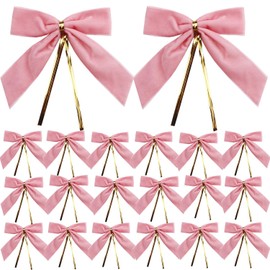 30 Pack Pink Velvet Twist Tie Bows 3.5x3.5 Inch Small Velvet Bows for Gift Wrapping, Pre-Tied Bows for Treat Bags, Premade Bows for DIY Craft, Popcorn Bags, Christmas Trees, Wreath, Party Favors