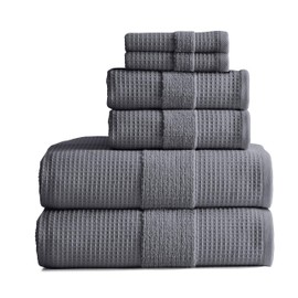Aire & Raine 100% Cotton Waffle Towel Set 6 Piece Set | Lightweight Waffle Towels for Bathroom Reversible to Soft Classic Terry | 2 Waffle Bath Towels, 2 Hand Towels and 2 Washcloths | Charcoal