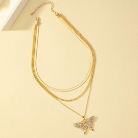 OSCCI Herringbone Butterfly Layered Necklace for Women Gold Plated Chunky Crystal Pendant Snake Chain Necklace (Butterfly)