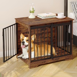 Hzuaneri 31.9" Dog Crate Furniture with Barn Door, Heavy Duty Dog Kennel Indoor with 2 Doors, Wooden Pet Cage End Table for Small Medium Dogs up to 44 lb, Anti-Chew Anti-Escape, Rustic Brown DFC83601B