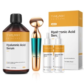 Twilash by DLY Hyaluronic Acid Serum Pure Anti-Aging Moisturizer Bulk Size 620ml/20.7 fl oz for Hydration Wrinkle Reduction - Suitable for All Skin Types - Facial Massager Included (500ml&2*60ml Set)