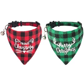 ADOGGYGO Christmas Cat Collars Breakaway with Bell, 2 Pack Adjustable Red Green Plaid Christmas Bandana Collars for Cats Kittens