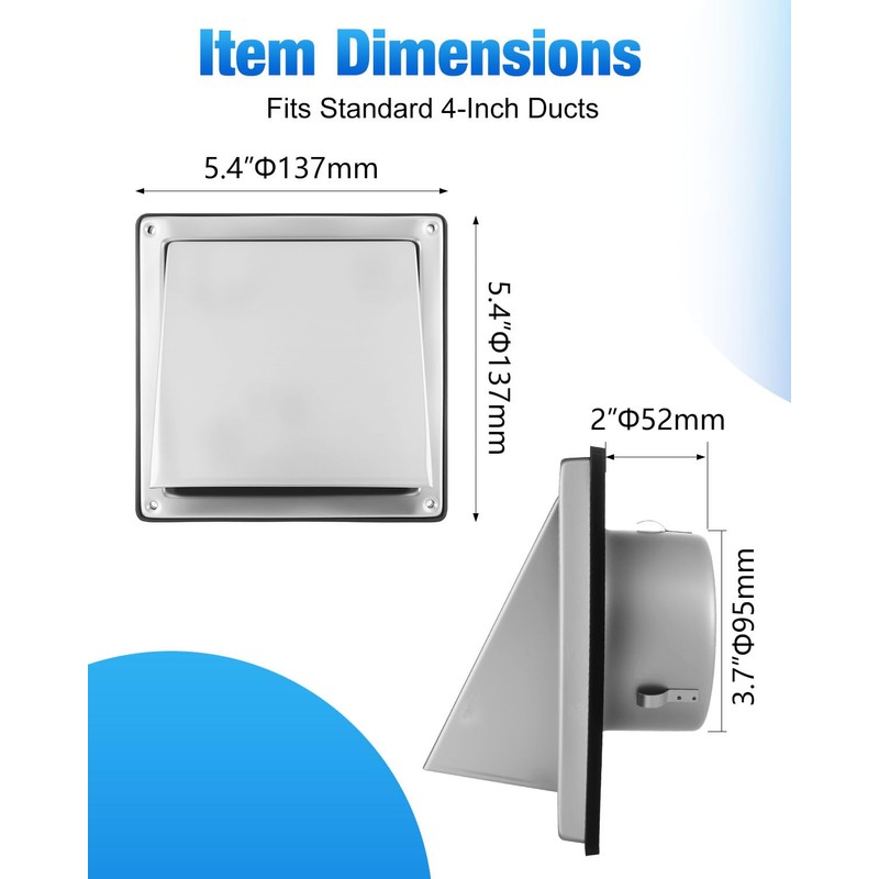 WENHUALI 4 Inch Dryer Vent Cover Outdoor with Stainless Steel