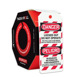 Accuform Signs TAR484 Tags By-The-Roll Spanish Bilingual Lockout Tags, Legend "DANGER LOCKED OUT DO NOT OPERATE/PELIGRO BLOQUEADO NO PONGA EN FUNCIONAMIENTO", 6.25" Length x 3" Width x 0.010" Thickness, PF-Cardstock, Red/Black on White (Roll of 250)