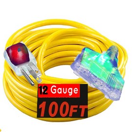 Pizety 100 ft Extension Cord 12/3 SJTW – Heavy Duty Outdoor/Indoor Yellow Cord, 3 Outlet Lighted Ends, 12 Gauge, 15 Amp, 1875W, Weather & Flame Resistant, Flexible Cold Rated -35°F