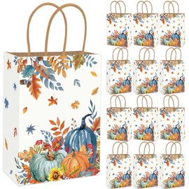 JarThenaAMCS 24Pcs Fall Paper Bag Blue Orange Pumpkin Leaves Treat Bags with Handles Candy Goodie Bags for Autumn Harvest Thanksgiving Party Favors Supplies