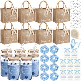 Locmeo 42 Pcs Bridesmaid Proposal Gift Set Include Bridesmaid Burlap Tote Bags Matron of Honor Cups Invited Cards Scrunchies Hair Knotted Bracelets for Wedding Bridal Shower (Haze Blue)