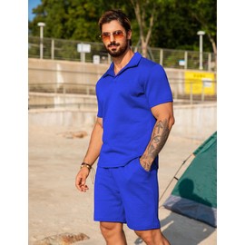 URRU Mens Short Sets 2 Piece Outfits Casual Set Short Sleeve for Men Fashion Summer Tracksuits Blue L