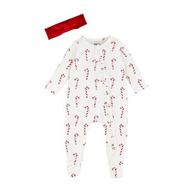 Mud Pie Girl's Baby Candy Cane Sleeper and Headband Set White