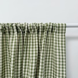 Green Farmhouse Paid Curtain 96 inch Length 2 Panels Cotton Linen Blend Gingham Curtain Panels for Living Room Bedroom Half Light Blocking Rod Pocket Drapes, Each W52 X L96 Inch