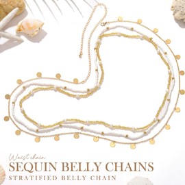 Reaky Boho Layered Sequins Waist Belly Chains Gold Beaded Waist Chain 3 Pcs Pearl Body Chains for Women