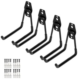 Wall Mounted Heavy Duty Double Clip U Shape Utility Tools Hooks with Anti-Slip Coating for Home Garage Storage Organizer Garden Tools Shovels Chair Hose (4 Pack Black Square Hook Middle)