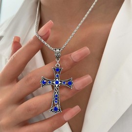 Yienate Punk Crystal Cross Pendant Necklace Vintage Blue Crystal Cross Necklace Choker Statement Sparkling Rhinestone Religious Large Cross Necklace Jewellery for Women and Girls, Zinc, No Gemstone