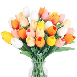 AWARDSEN 20pcs 14" Tulips Artificial Flowers for Real Touch Fake Tulips Slik Faux Flowers for Summer Wedding Bouquet Spring Easter Mother's Day Decor (5 Color)