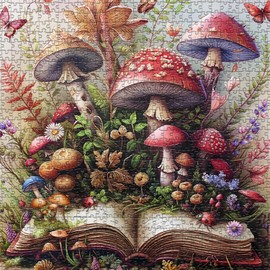 Mushroom Jigsaw Puzzle 1000 Pieces, Magic Book Plant Flower Puzzles Vintage, Challenging for Adults