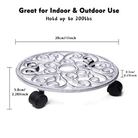 2pcs Heavy Duty Cast Iron Flowerpot Holder Plant Caddy 11 inch, Flower Stand Round Planter Holder with 4pcs 360° Caster Wheels - Rustic White