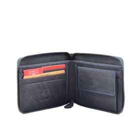 House of Luggage Mens Real Leather Hunter Zip Round Oiled Leather Wallet RFID Blocking HLG702 (Oil Blue)