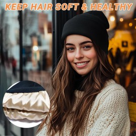 NPQQUAN Satin Lined Beanie for Women Silk Lined Beanies Winter Warm Soft Lining Cuffed Knit Beanie Hats for Women Beige