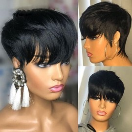 Luxclipse Short Real Hair Wigs for Black Women, Straight Pixie Cut, Layered Pixie Wigs, Glueless Full Machine Made, Black 1B Color (Brown,10 inch)