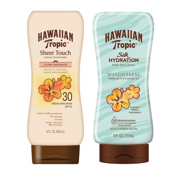 Hawaiian Tropic SPF 30 Broad Spectrum Sunscreen and After Sun Pack with 8oz Sheer Touch Moisturizing Sunscreen Lotion and 6oz Silk Hydration Weightless After Sun Lotion