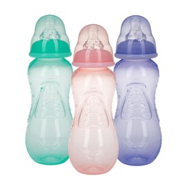 Nuby Non-Drip Standard Neck Bottles, 10 Ounce, Pack of 3 Bottles - Purple/Teal/Pink