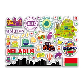 A5 Sticker Sheet Belarus Landmarks Vinyl Stickers - BW Minsk Map Airport Stamp Skyline Flag Travel Holiday City Country Aesthetic #80343