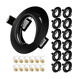 12x Modern GU10 Downlights for Ceiling, Round Black Metal Frame for Recessed Ceiling Lights, Tilt Swivel Spotlight - External Dimensions: 90mm, Cut-Out Hole Size:68-80 mm