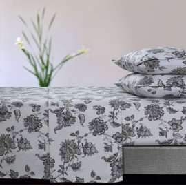 Tribeca Living Ultra-Soft Flannel Sheet Set, 170-GSM Cotton, Deep Pocket, Cozy Winter Bedding - Full, Floral Deep Grey