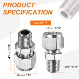 sourcing map 2pcs Compression Fitting 10mm Tube OD x 1/4" NPT Male Thread Stainless Steel Straight Coupler Adapter Compression Tube Pipe Fitting Connector for Oil Gas Water