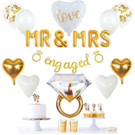 VIDAL CRAFTS Gold Engagement Party Decorations, Gold Engaged Banner, MR and MRS Balloons , Giant Ring, Heart Balloons, Gold Latex Confetti Balloons, Gold Themed Decor, and engagement party decor
