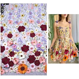 Primst 51.2" Width 2 Yard Flower Embroidered Lace Trim 3D Appliqué Embroidery Lace Fabric for DIY Handmade Clothing Wedding Dress Home Decoration (White,2 yard)