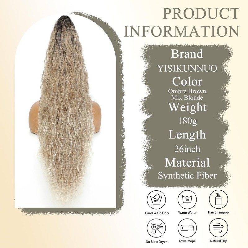 Ombre Brown Mix Blonde Curly Claw Ponytail 26", Fluffy Natural