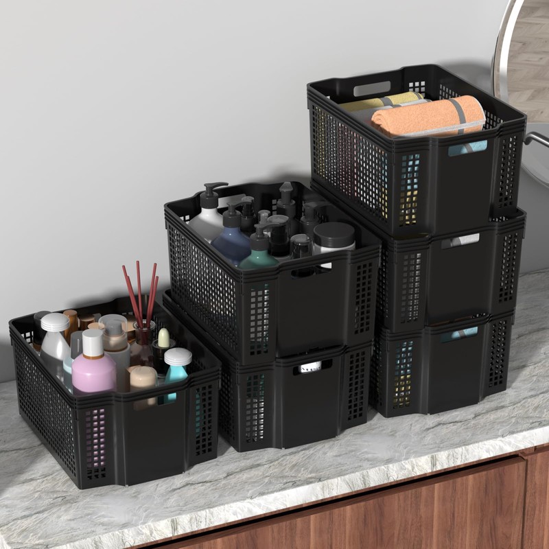 Yesdate Stackable Woven Plastic Storage Baskets, 6 Pack Container Tote