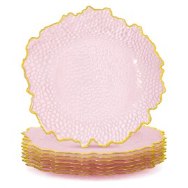 10 Pcs Clear Charger Plates 13 Inch Hammered Pink Plastic Charger Plates with Gold Rim, Transparent Pink Chargers for Dinner Plate, Stone Texture Plate Round Chargers for Wedding Party, Event