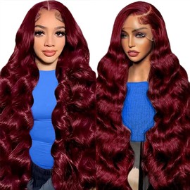 28 Inch 99j Burgundy Lace Front Wigs Human Hair Red Burgundy Wig Human Hair 13x4 Body Wave Lace Front Wigs Pre Plucked Glueless Lace Front Wigs for Women 180% Density