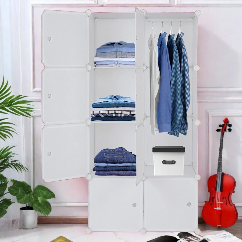 4-Tier Closet Storage Cabinet - White, 8-Cube, Hanging Rod &