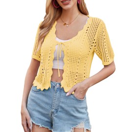 Kate Kasin Crochet Bolero Shrug Sweater Cropped Cardigan for Women Short Sleeve Summer Shrug Cardigan Yellow L