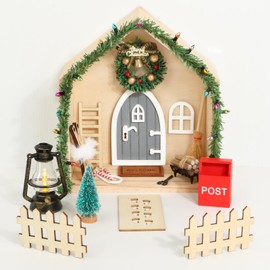 BOFUNX Gnome Door Accessories Christmas Set Wooden Gnome Door Decoration Miniature Christmas Gnome Door with Miniature Christmas Tree Wreath Gnome Footprints Ladder Carpet Fairy Door for Children Gift