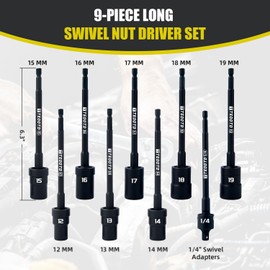 TEOOTD 1/4" Drive Swivel Socket Set, 6.3 Inch Long Nut driver set, 9 PCS Universal Impact Extension Socket Set, 12-19mm, Universal Wobble Socket with Universal Impact Joint, 6-Point,Metric,Cr-V