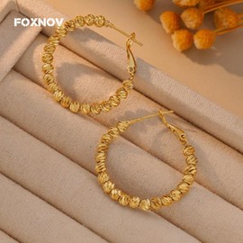 FOXNOV 14K Gold Plated Hoops Earrings for women, Sterling Silver Post Hypoallergenic Earrings, Textured Beaded Design Hoops, Fashion Jewelry Gift