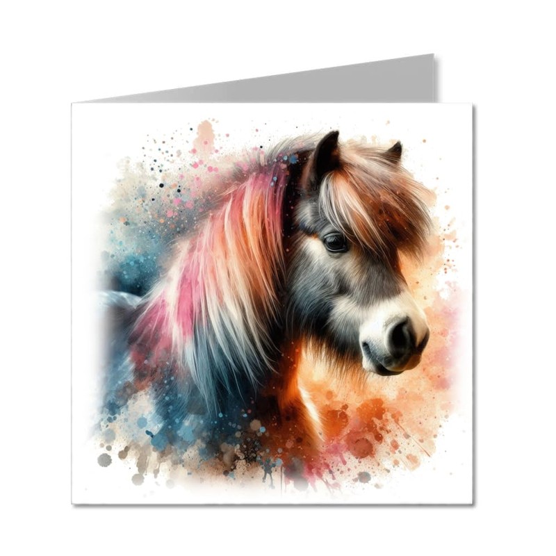 Shetland Pony Horse Watercolour Splash Effect Artistic Blank Greeting Card